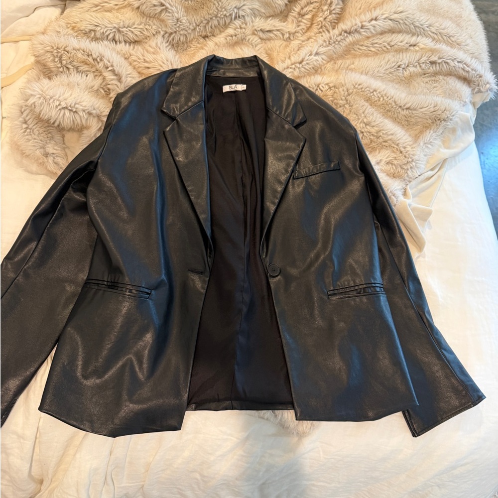 SLA Black Faux Leather Oversized Women's Blazer